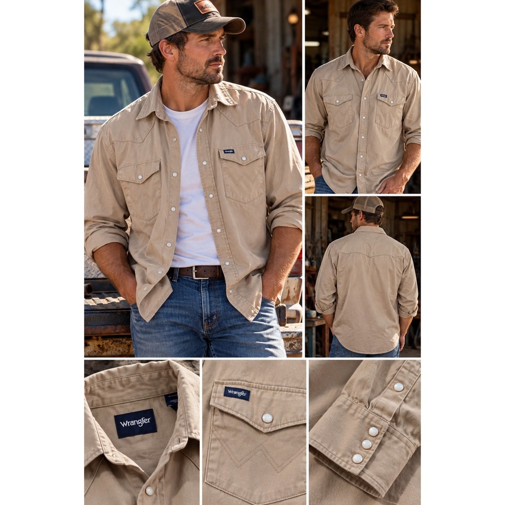 B- 75- Wrangler Mens Tan Khaki Western Snap Long Sleeve Shirt XL Cotton Twill